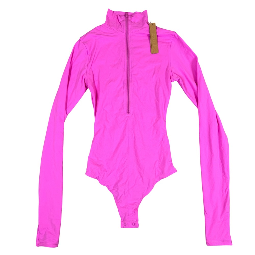 NWT Skims Fits Everybody Long Sleeve Zip Front Bodysuit Neon Pink XXS NWT